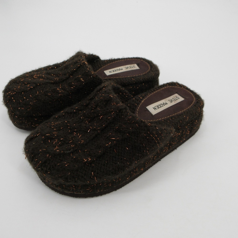 Steve Madden Brown Cable Knit Copper Sparkle Platform Slippers Mules Womens 6